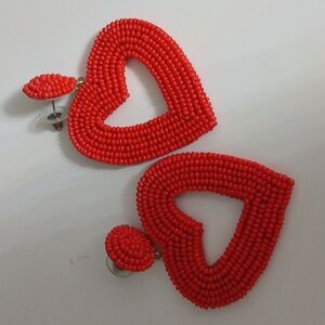 Red Beaded Heart Dangle Earrings